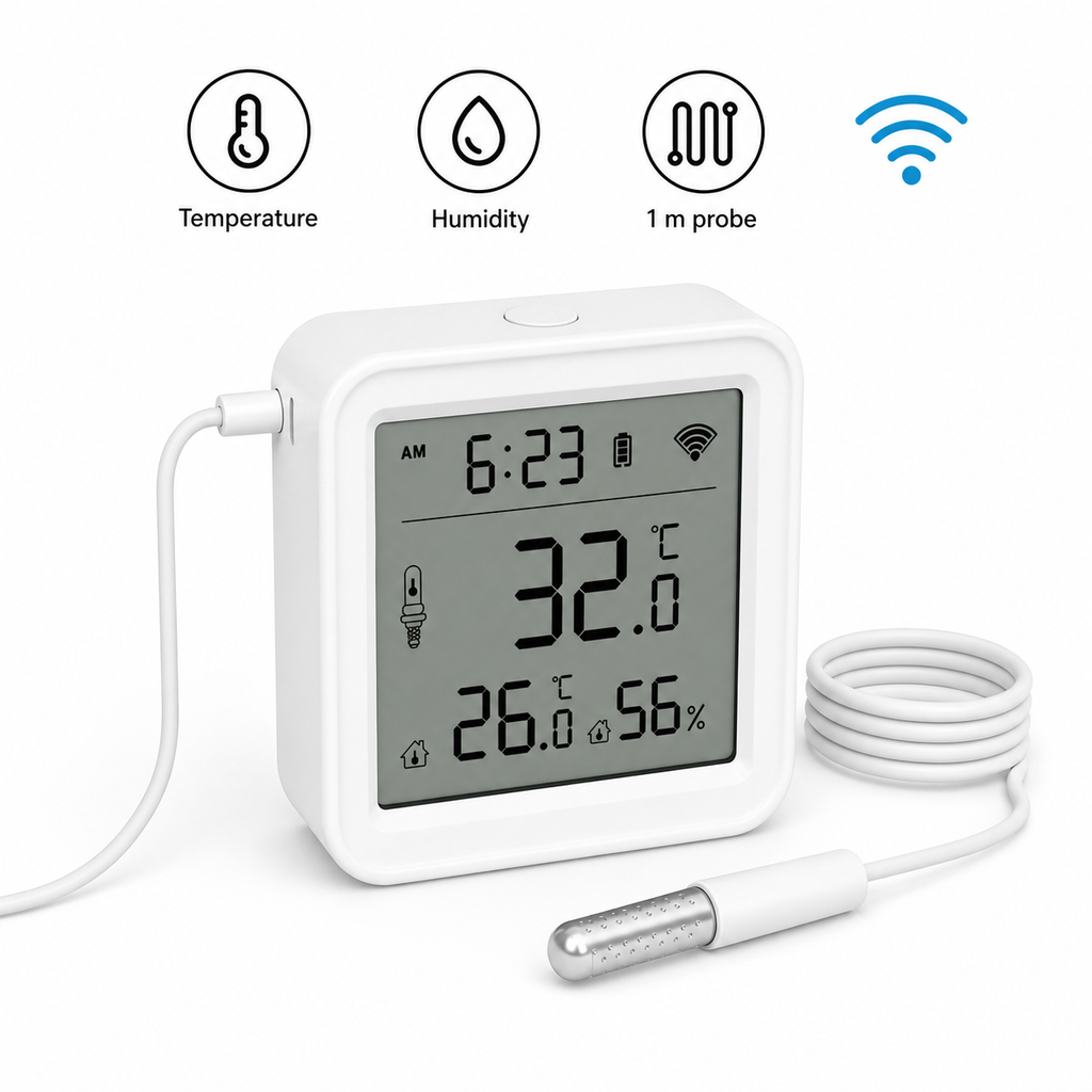 Feature packshot of temperature humidity and 1 m probe sensor