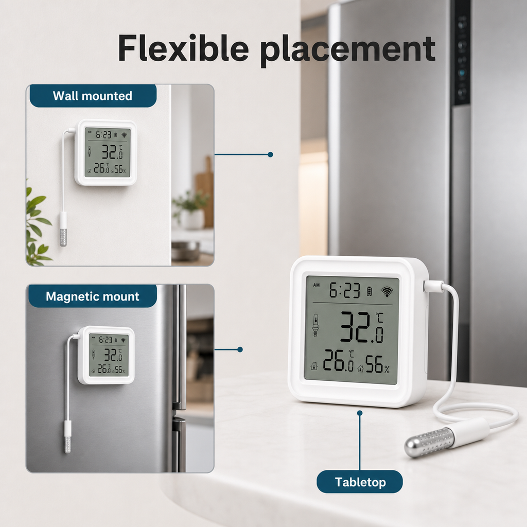 Flexible placement image showing wall mount magnetic mount and tabletop use