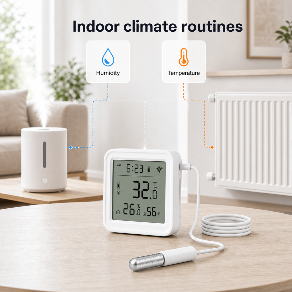 Indoor climate routines with humidifier and radiator shown around the sensor