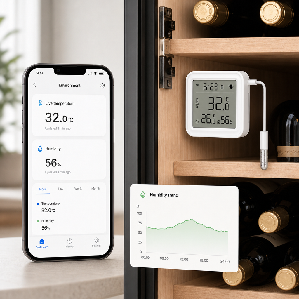 Live monitoring app interface for wine cabinet temperature and humidity