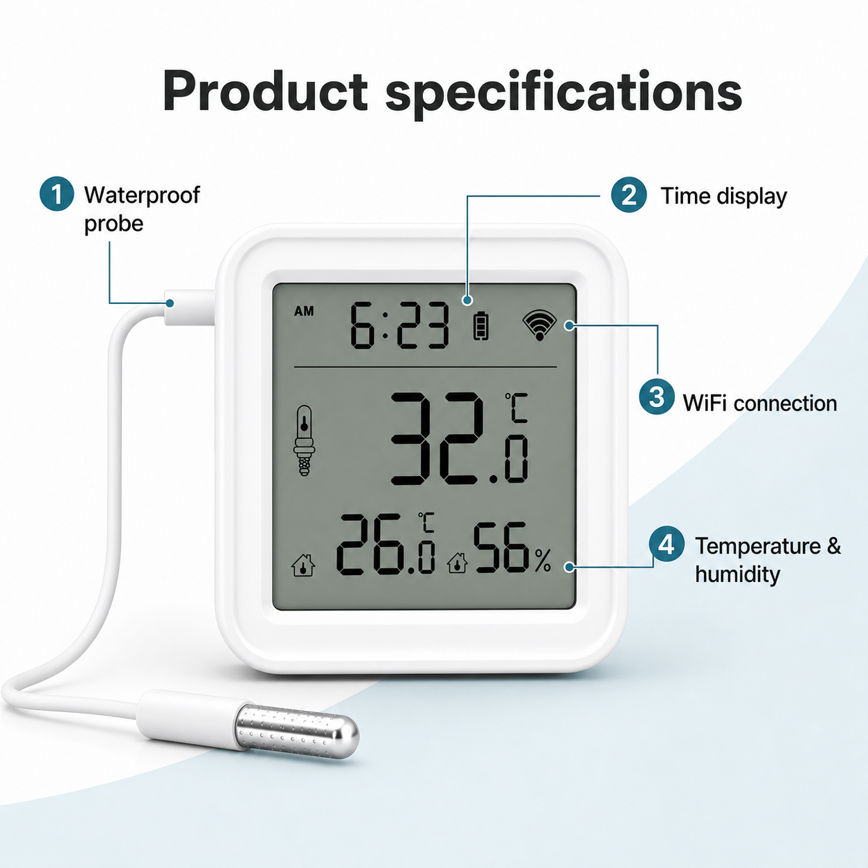 Product specification callouts for WiFi temperature and humidity sensor