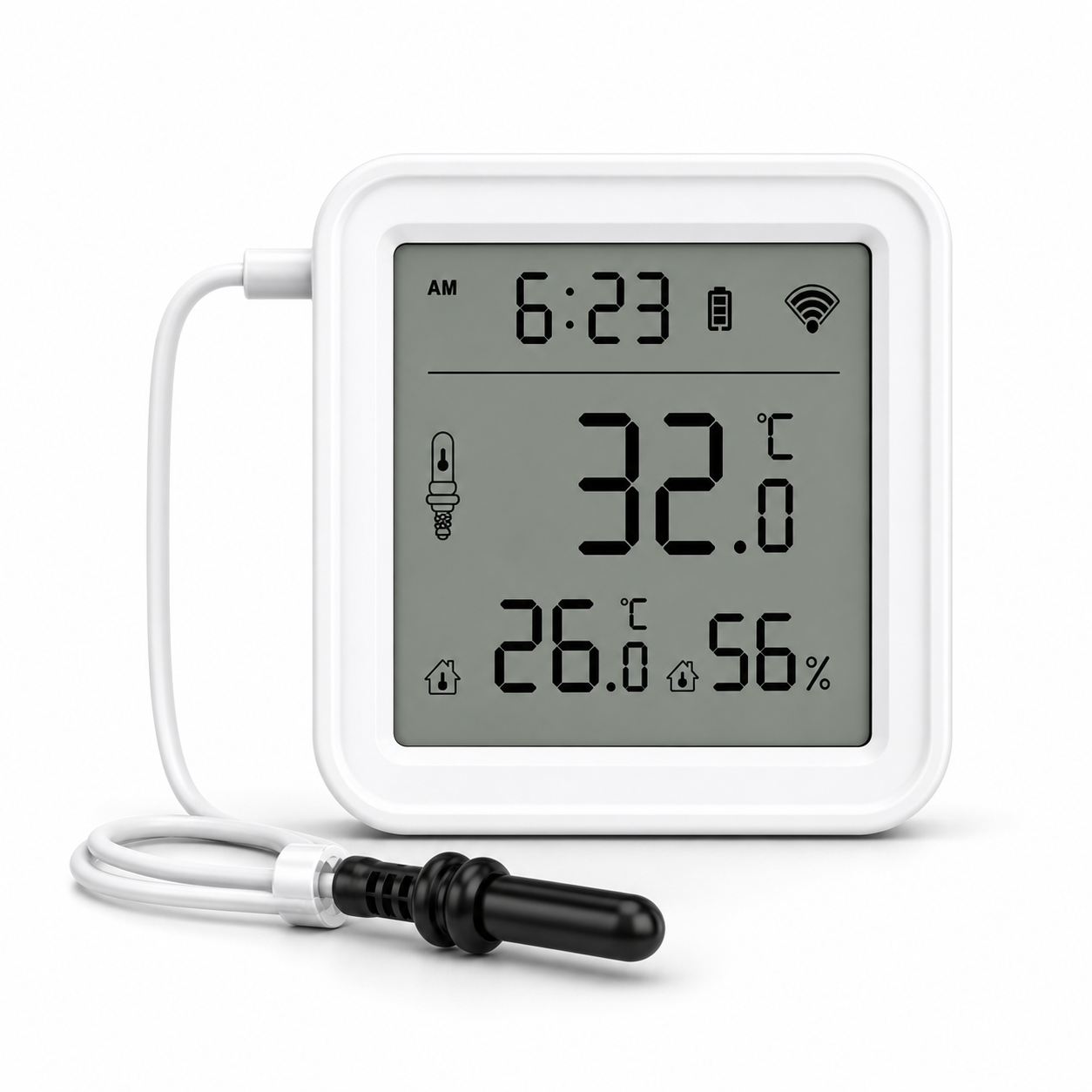 Studio packshot of WiFi temperature and humidity sensor with external waterproof probe