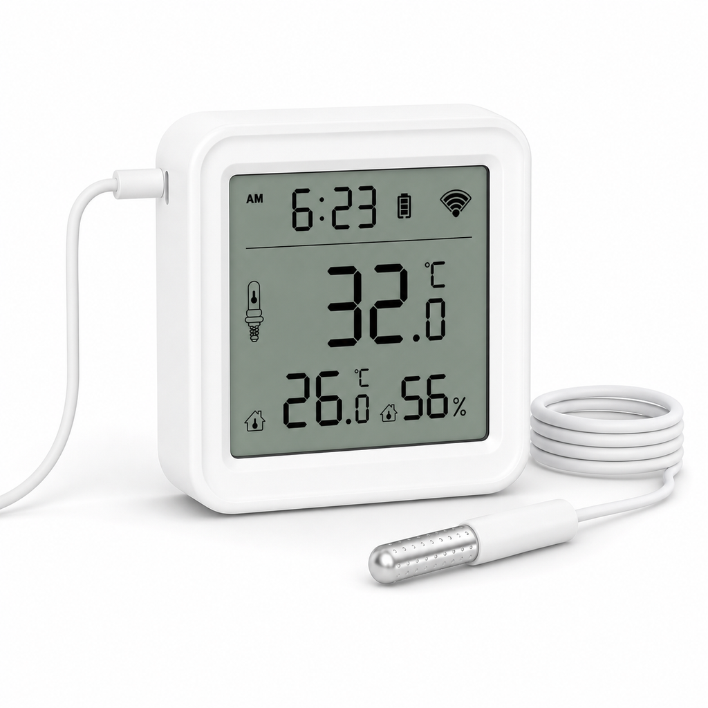 Studio product display of WiFi temperature and humidity sensor with external probe