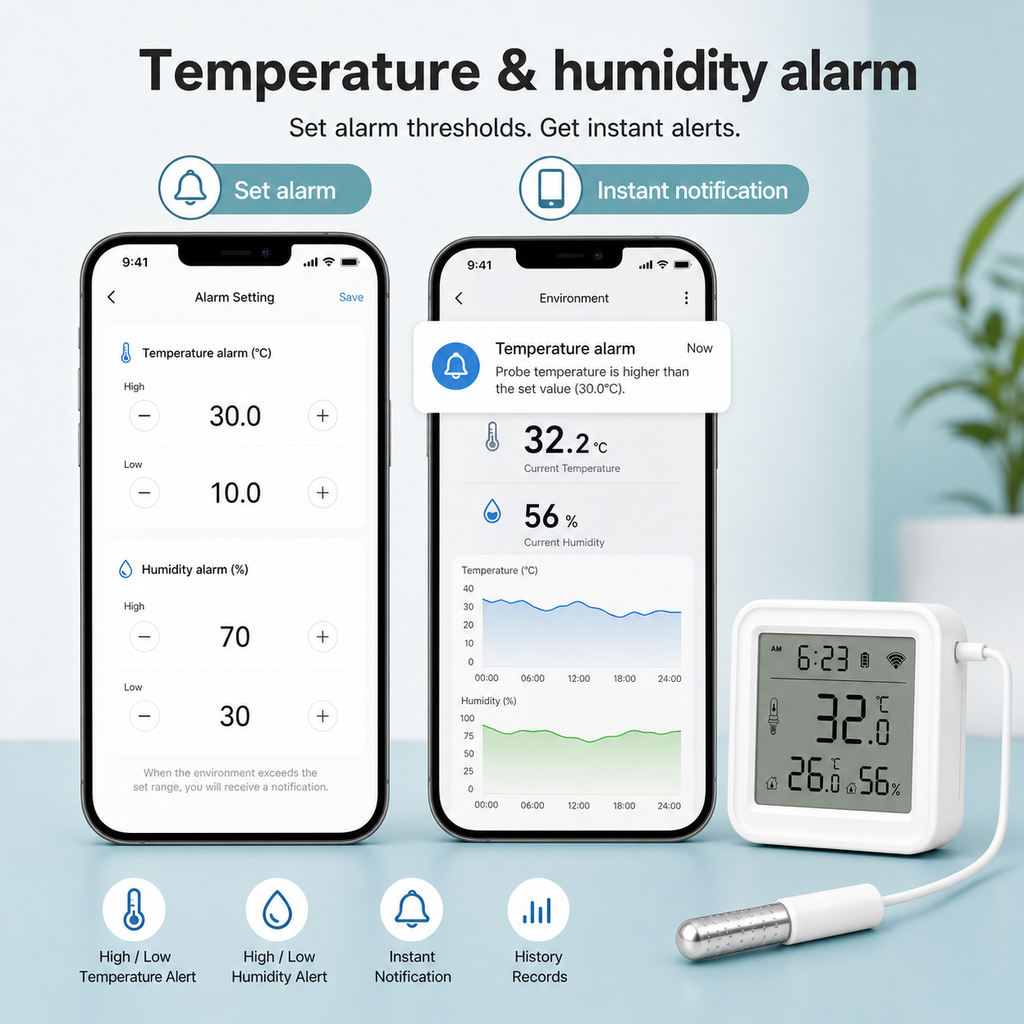 Temperature and humidity alarm settings and notification app screens
