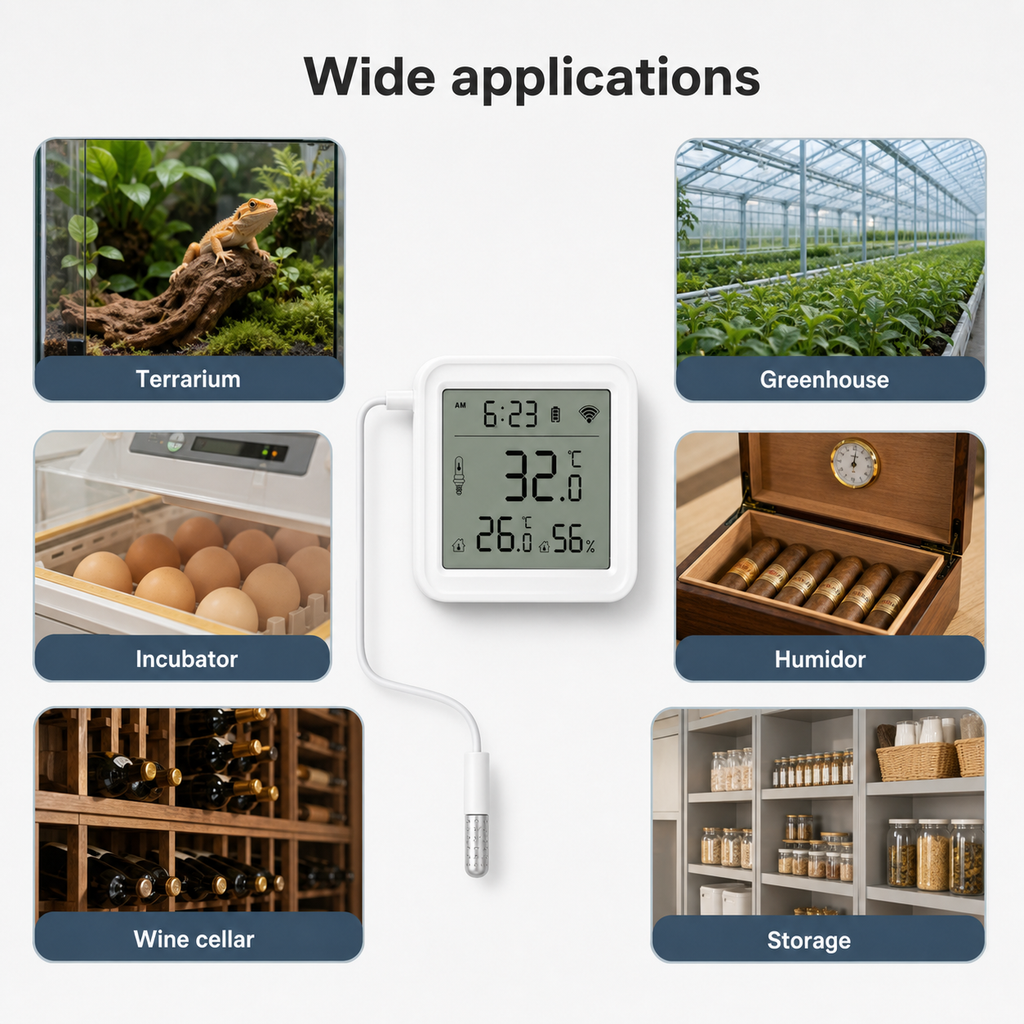 Wide applications collage for WiFi temperature and humidity sensor