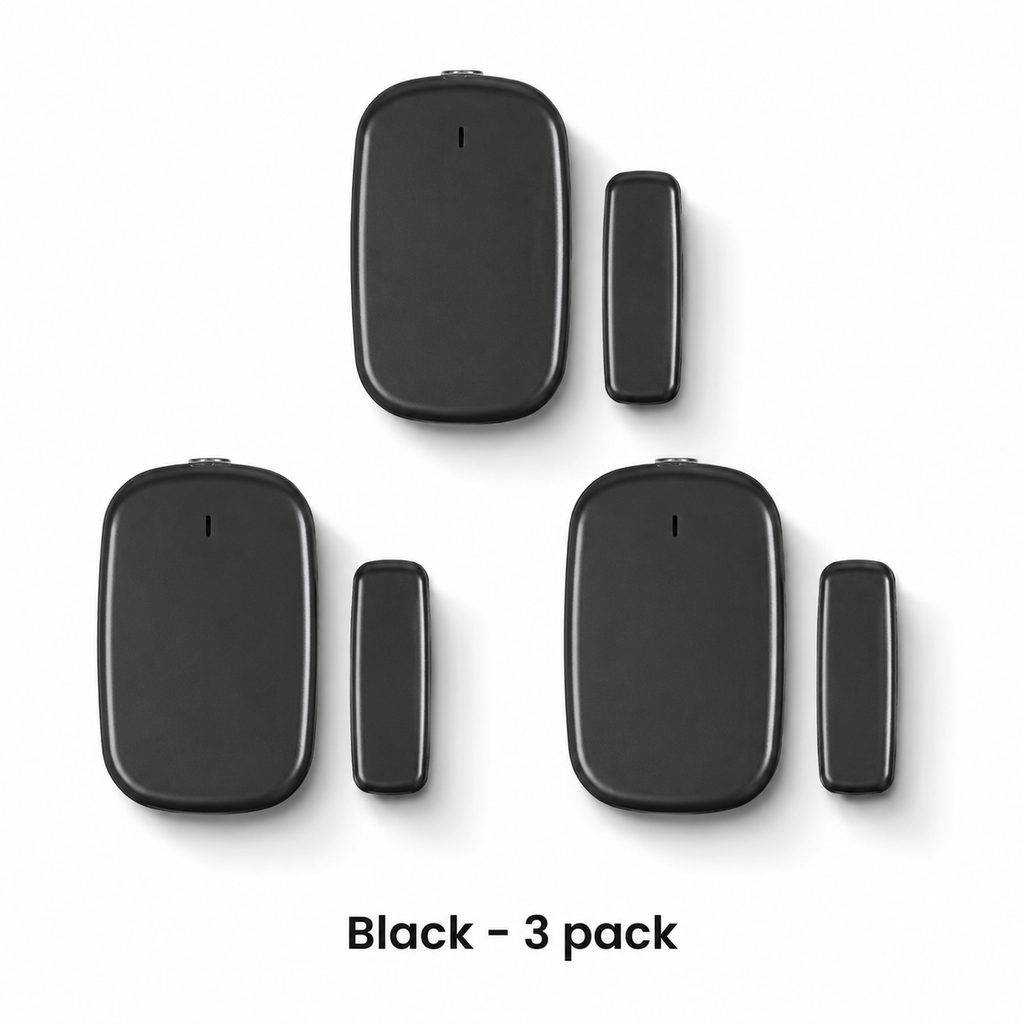 Black Zigbee door and window sensor three pack on white background