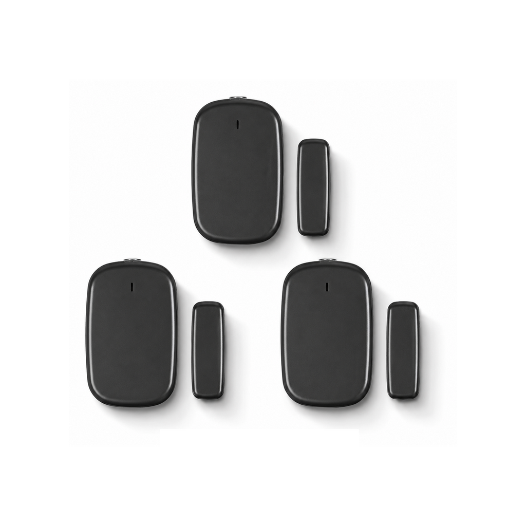 Lot de 3 capteurs porte et fenêtre ZigBee noirs NéoSense Door Comfort sur fond blanc