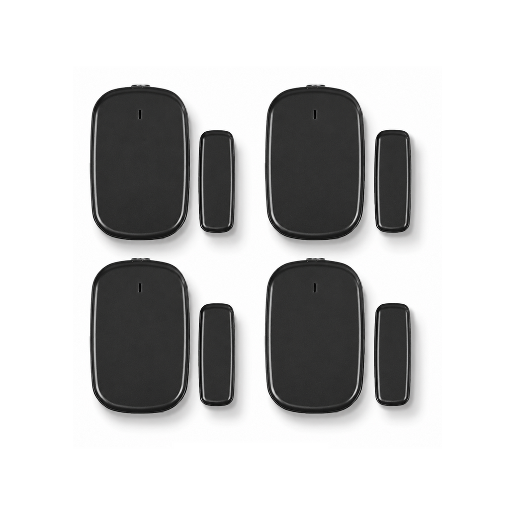 Lot de 4 capteurs porte et fenêtre ZigBee noirs NéoSense Door Comfort sur fond blanc