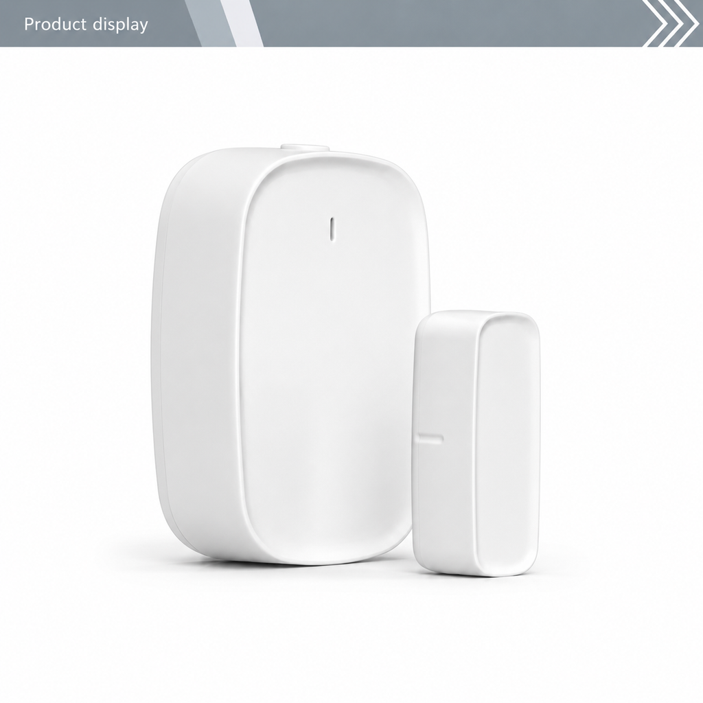White Zigbee door and window sensor studio product display