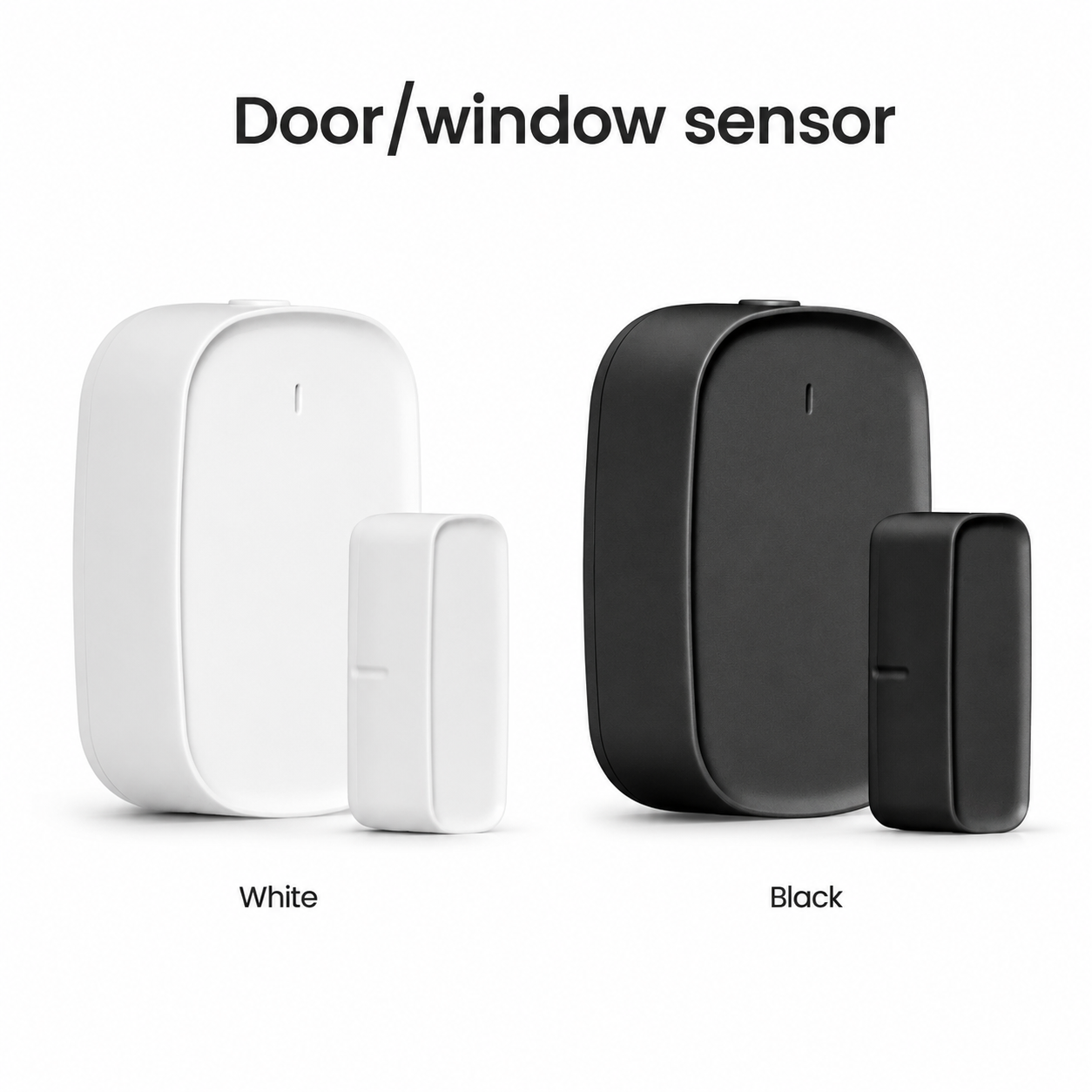 Studio packshot of black and white Zigbee door and window sensor sets