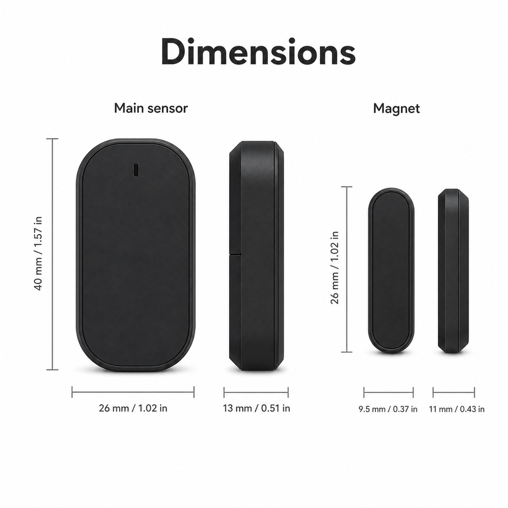 Schéma des dimensions du capteur porte/fenêtre ZigBee noir