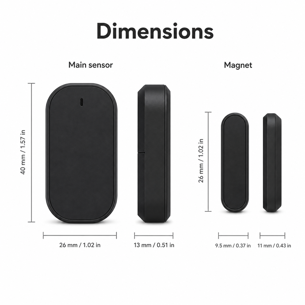 Schéma des dimensions du capteur porte/fenêtre ZigBee noir