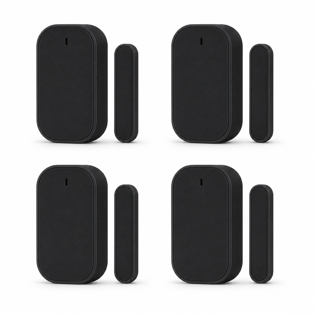 Packshot studio de quatre capteurs porte/fenêtre ZigBee noirs