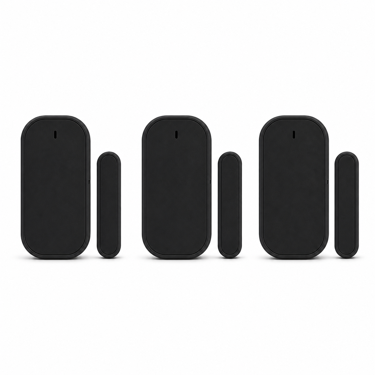 Packshot studio de trois capteurs porte/fenêtre ZigBee noirs