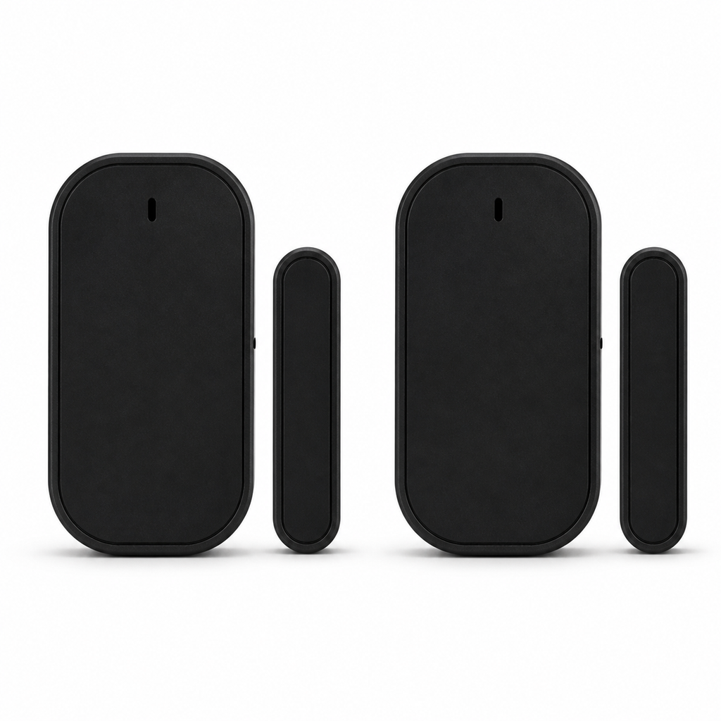 Packshot studio de deux capteurs porte/fenêtre ZigBee noirs