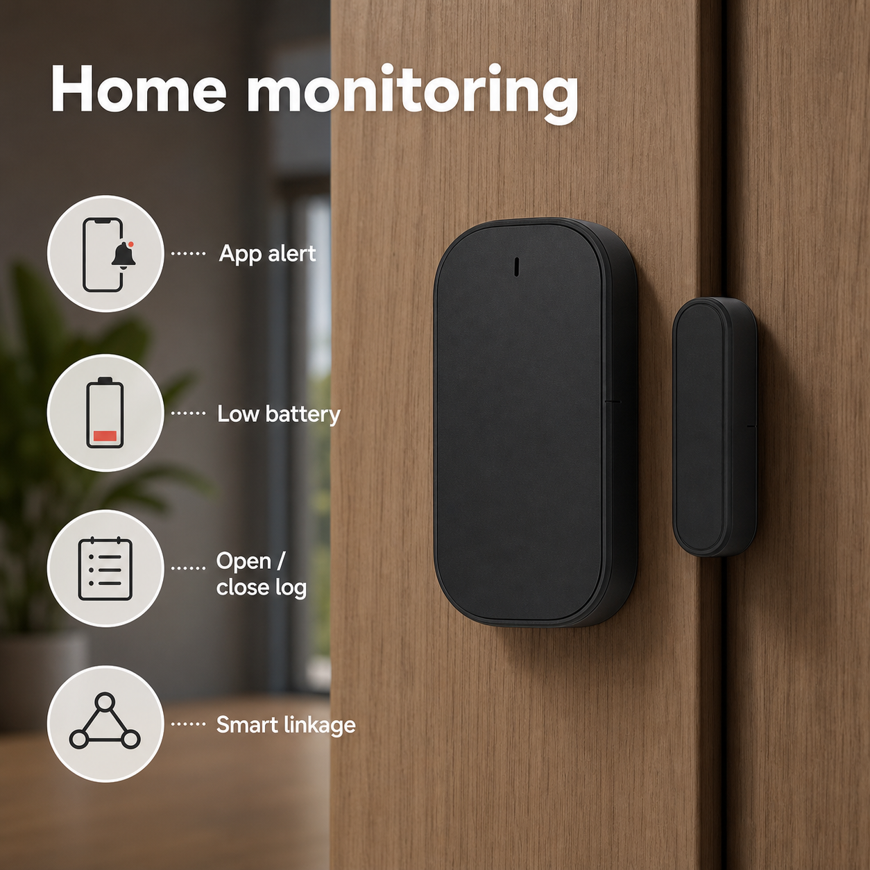 Vue de monitoring maison avec capteur porte/fenêtre ZigBee noir