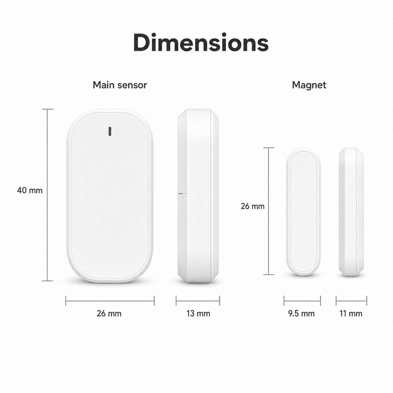 Schéma des dimensions du capteur porte/fenêtre ZigBee blanc