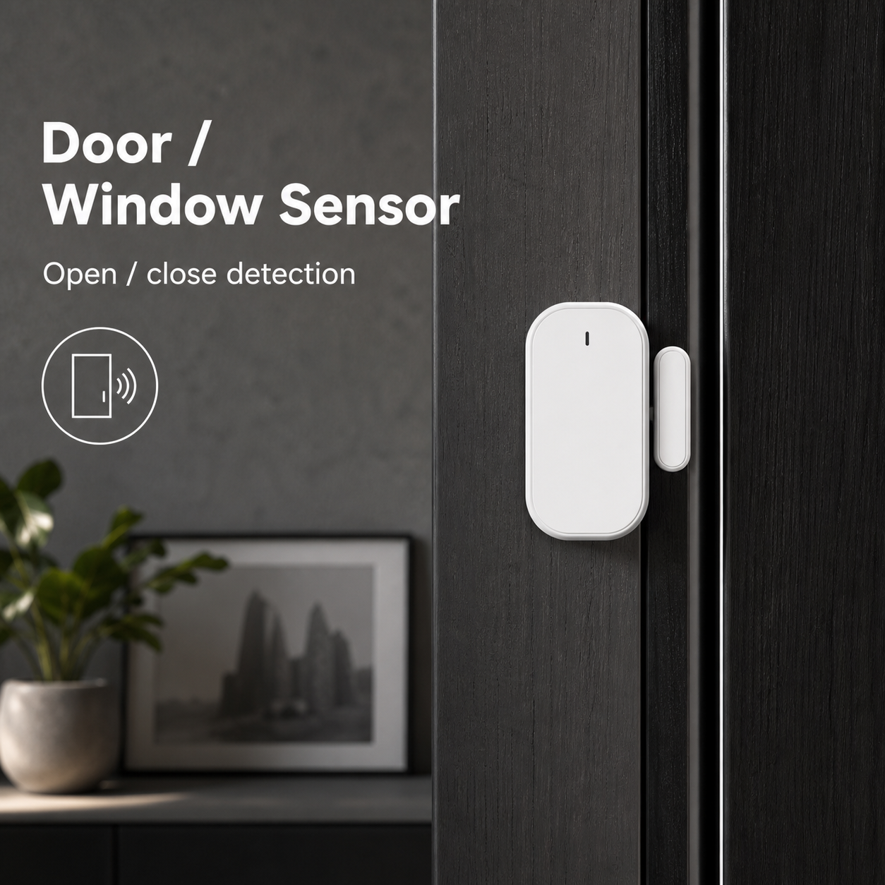 Capteur porte/fenêtre ZigBee blanc installé sur porte moderne