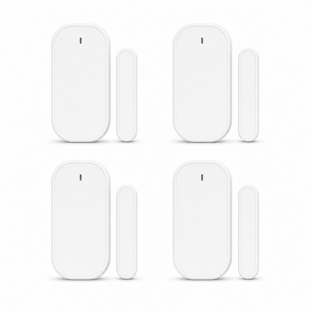Packshot studio de quatre capteurs porte/fenêtre ZigBee blancs