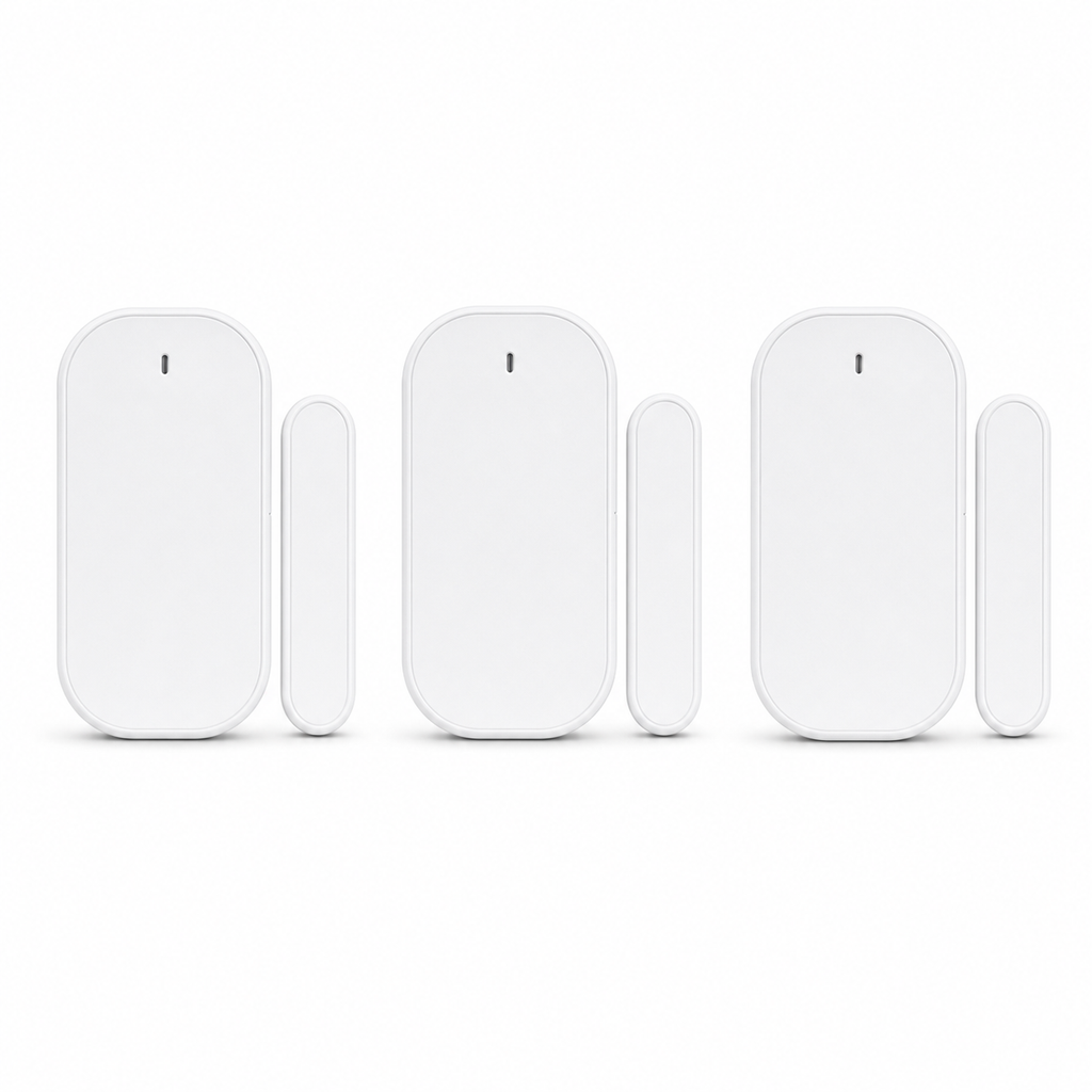 Packshot studio de trois capteurs porte/fenêtre ZigBee blancs