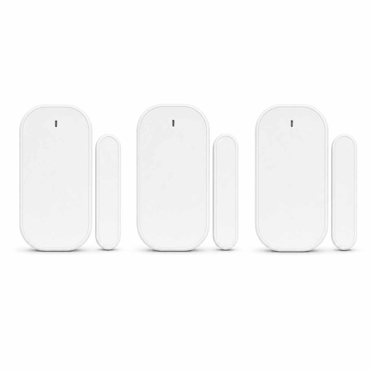 Packshot studio de trois capteurs porte/fenêtre ZigBee blancs