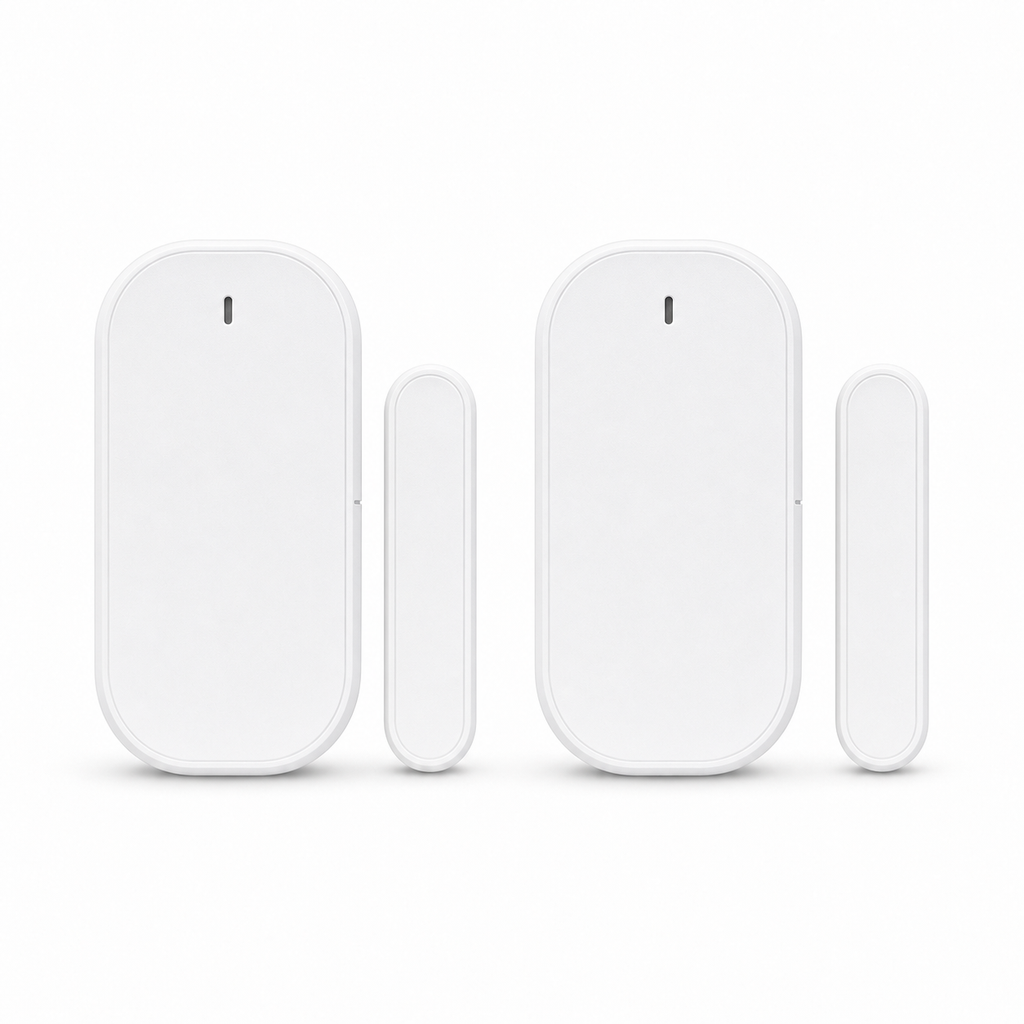 Packshot studio de deux capteurs porte/fenêtre ZigBee blancs