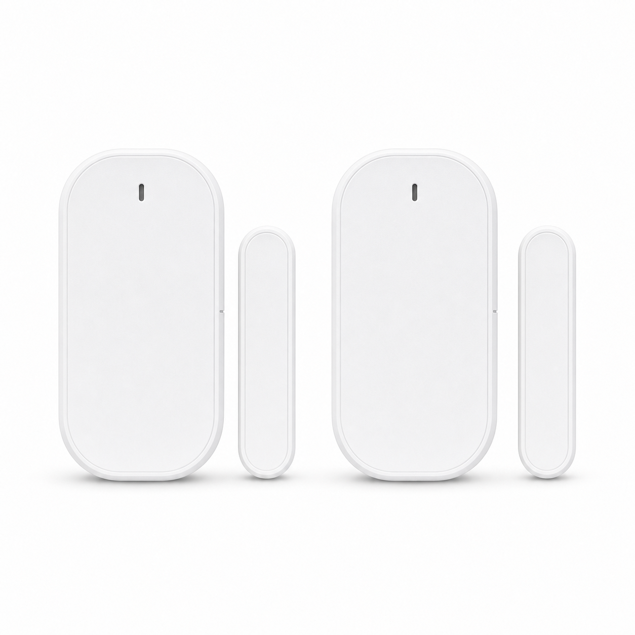 Packshot studio de deux capteurs porte/fenêtre ZigBee blancs