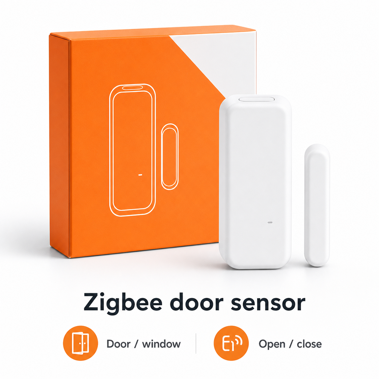 Unbranded packshot of Zigbee door and window contact sensor with box