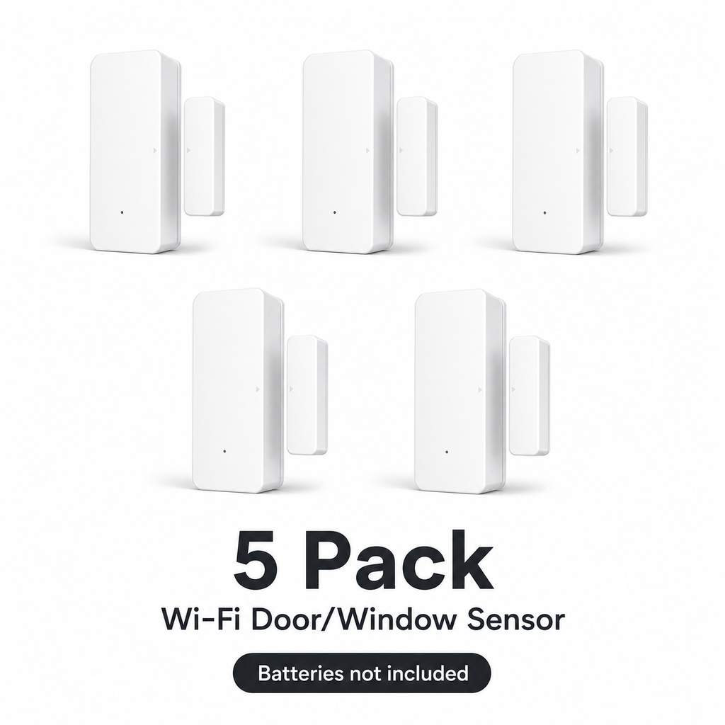 5 pack variant studio image of Wi-Fi door and window sensors