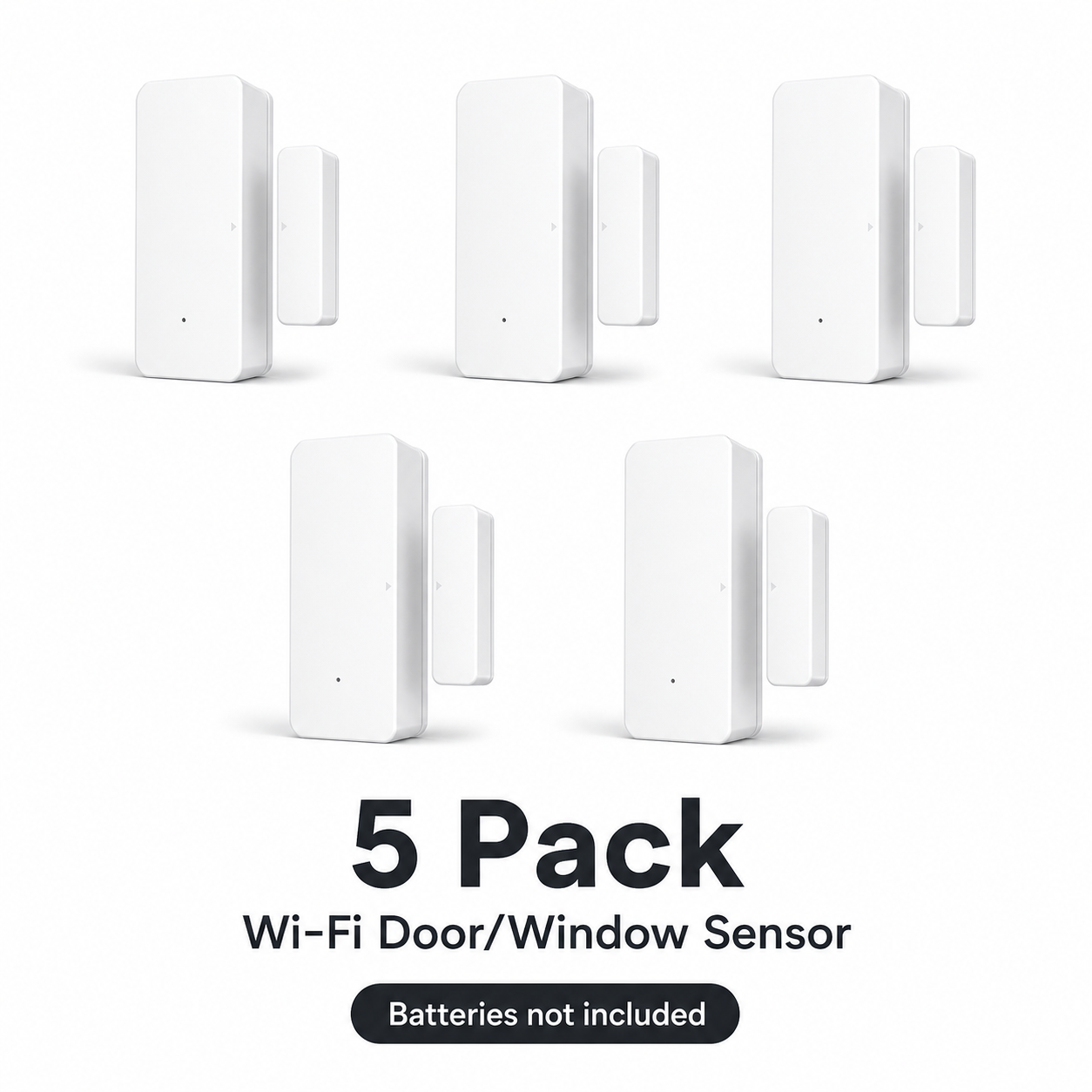 5 pack variant studio image of Wi-Fi door and window sensors