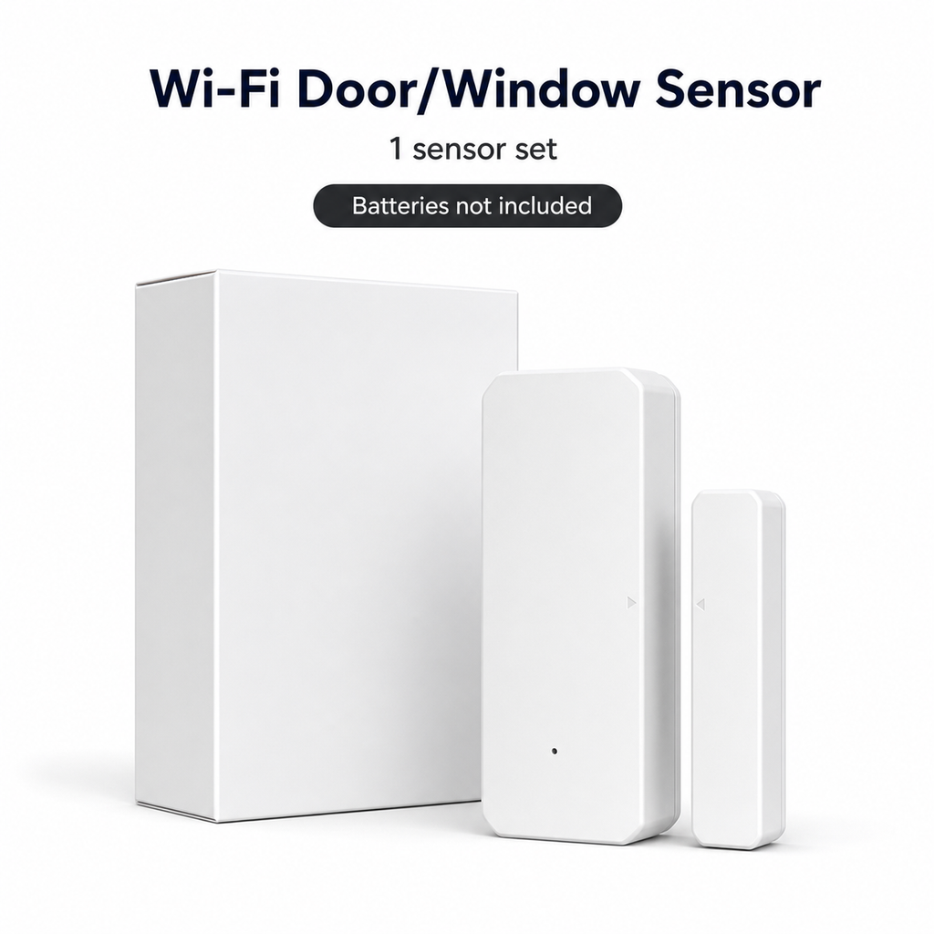 Box and sensor packshot for Wi-Fi door and window sensor