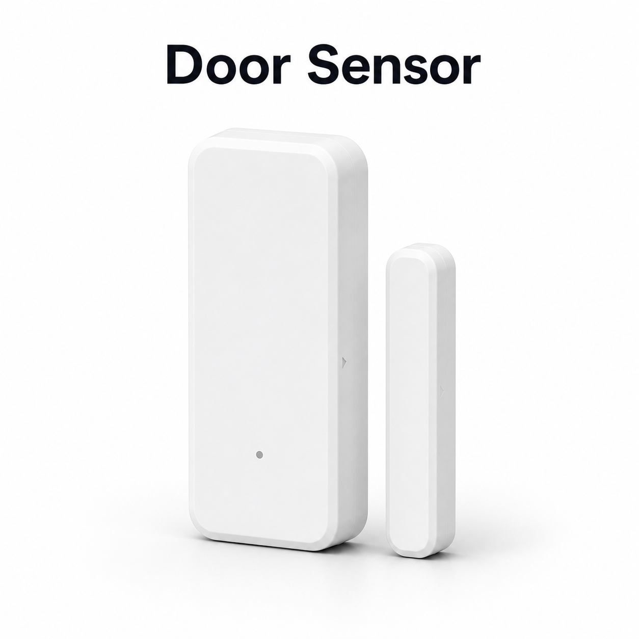 Minimal studio packshot of white WiFi door sensor and magnet