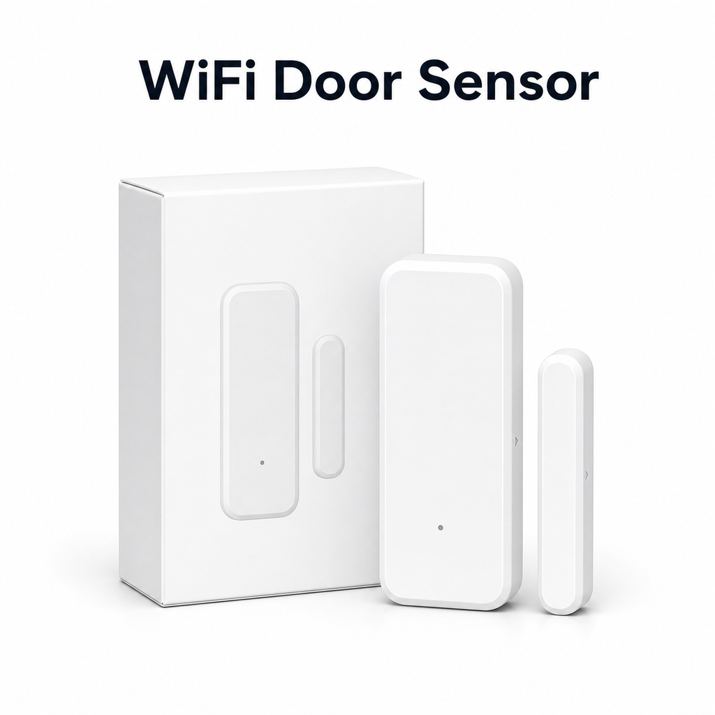 Studio packshot of WiFi door sensor with retail box