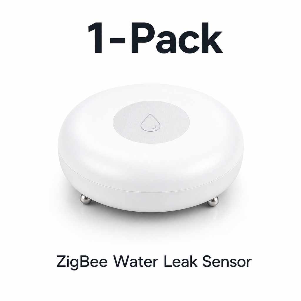 Studio packshot of one ZigBee water leak sensor