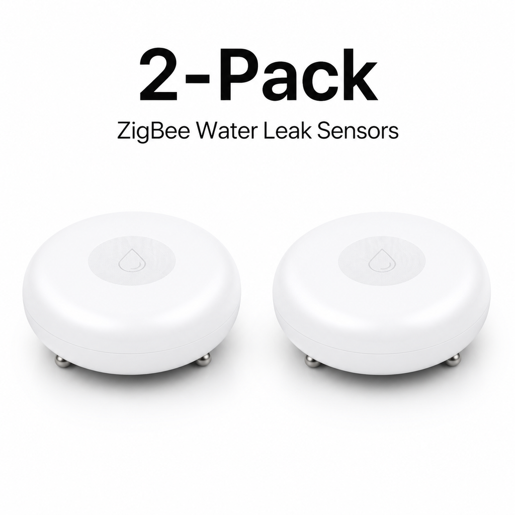 Studio packshot of two ZigBee water leak sensors
