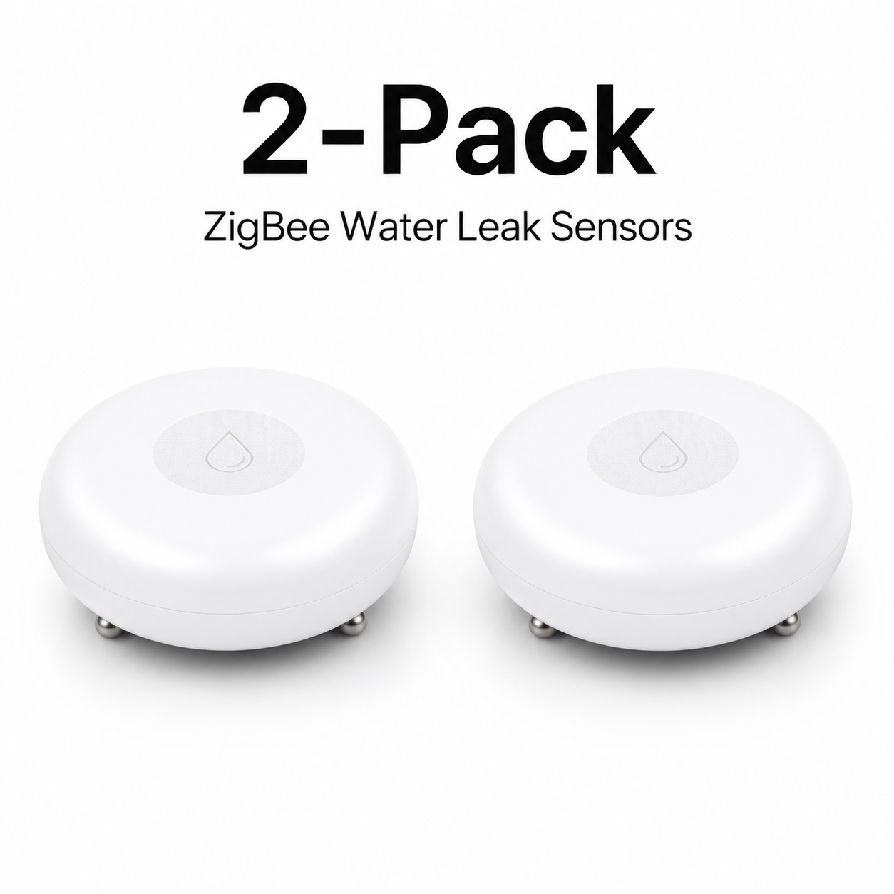 Studio packshot of two ZigBee water leak sensors