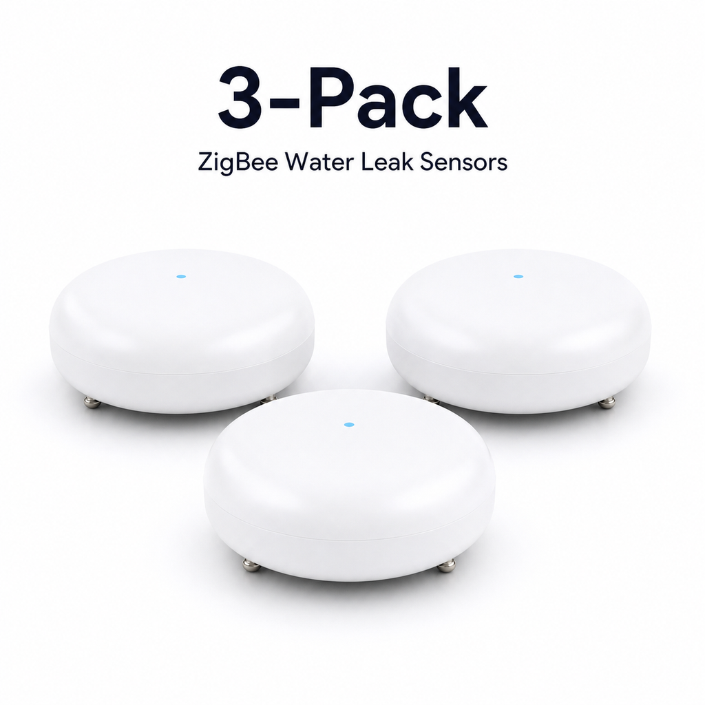 Studio packshot of three ZigBee water leak sensors