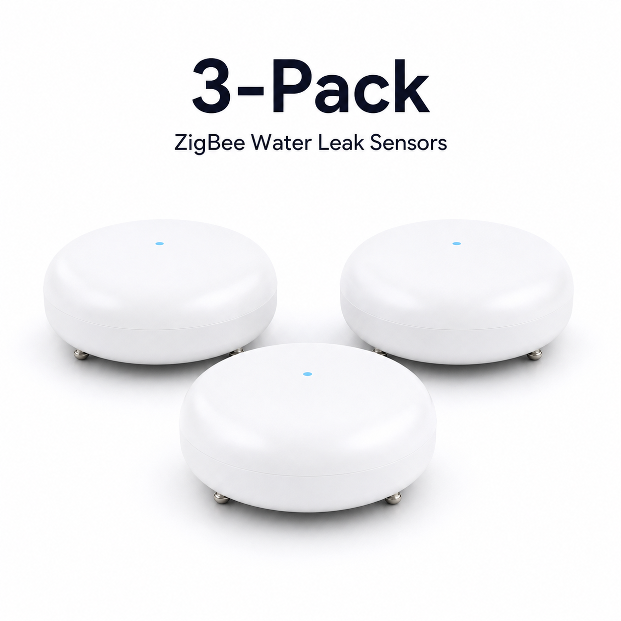 Studio packshot of three ZigBee water leak sensors