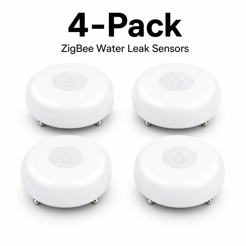 Studio packshot of four ZigBee water leak sensors