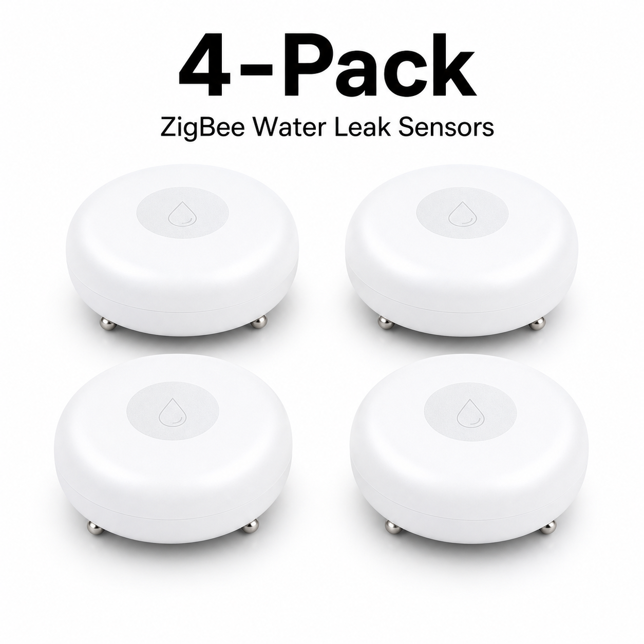 Studio packshot of four ZigBee water leak sensors