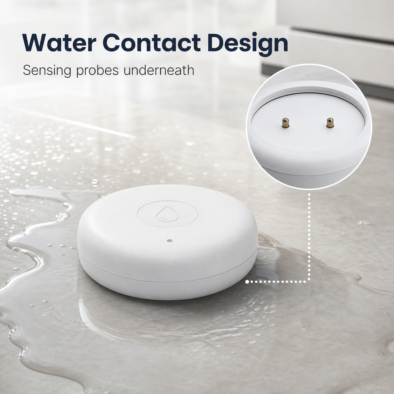 Water contact sensing probe design on underside of leak sensor