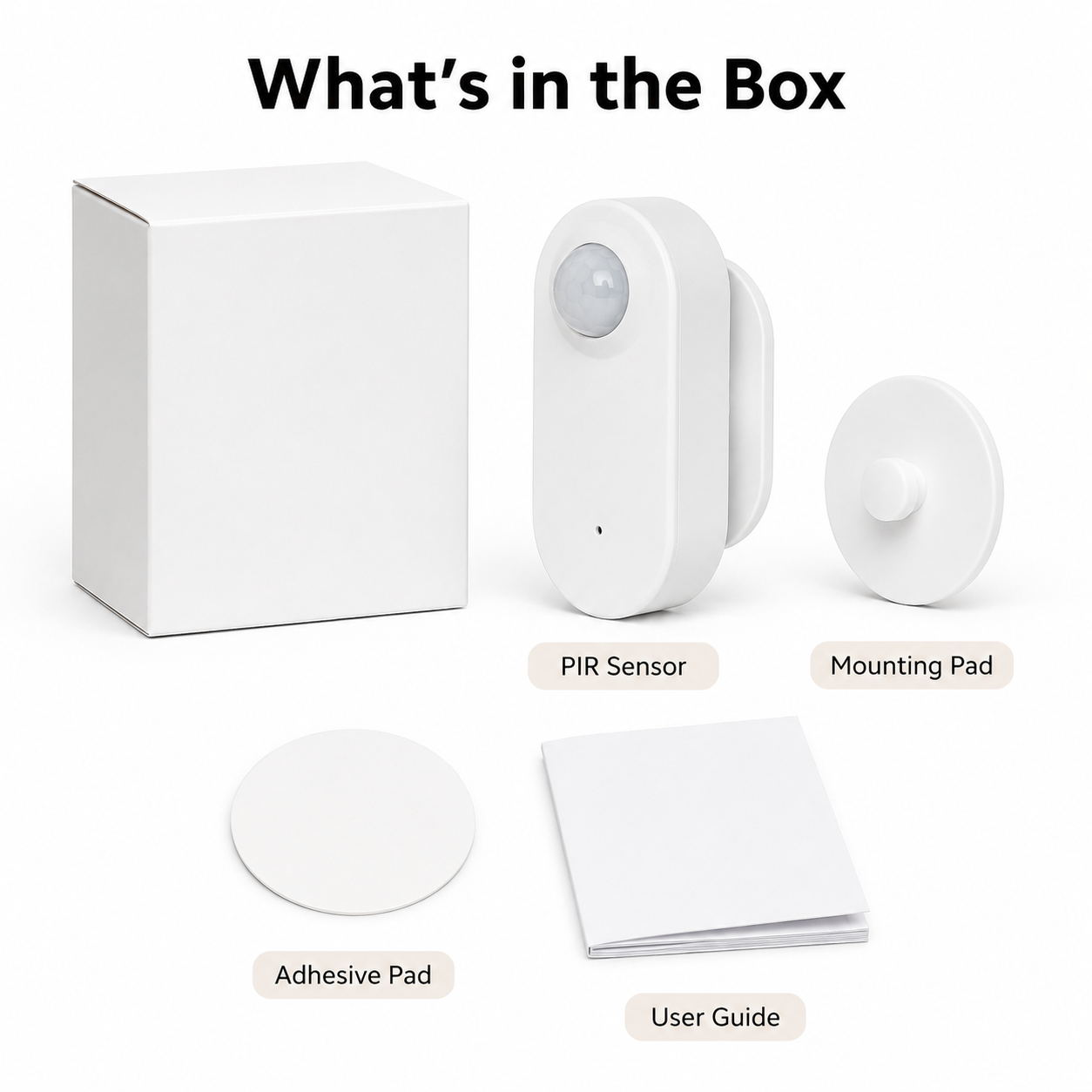 Box contents with PIR sensor, mounting pad, adhesive pad and user guide