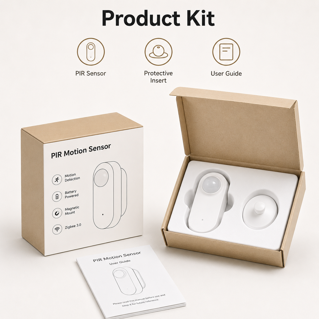 Product kit packshot with PIR sensor, box, insert and user guide