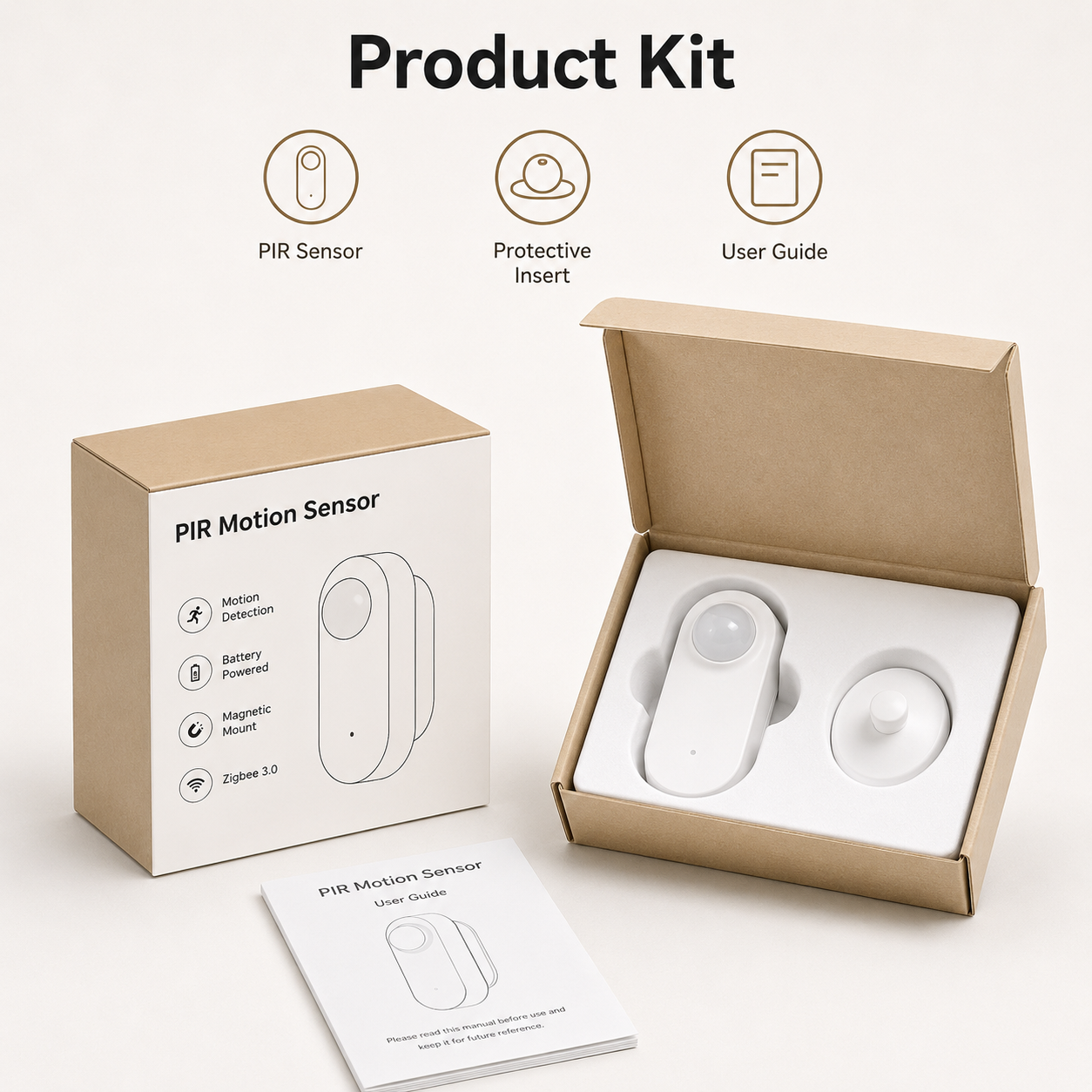 Product kit packshot with PIR sensor, box, insert and user guide