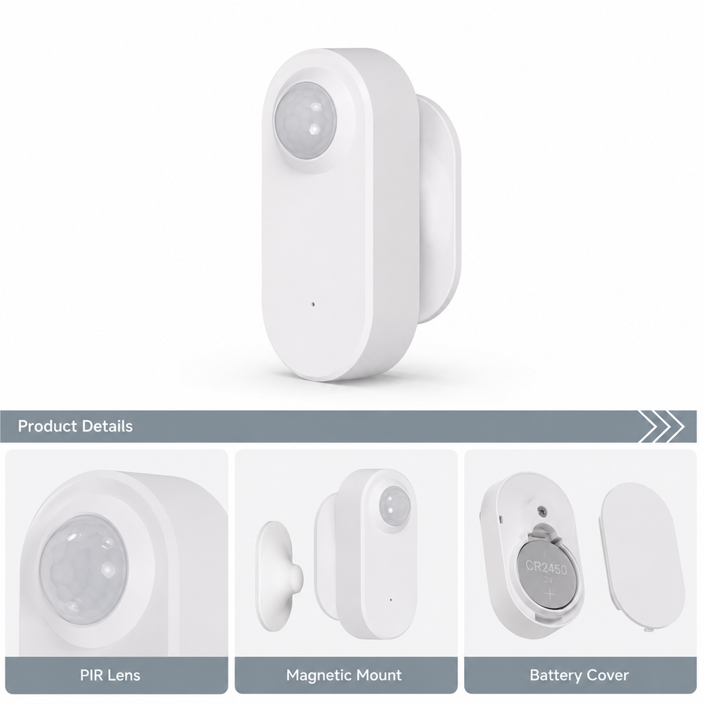 Product detail strip showing PIR lens, magnetic mount and battery cover