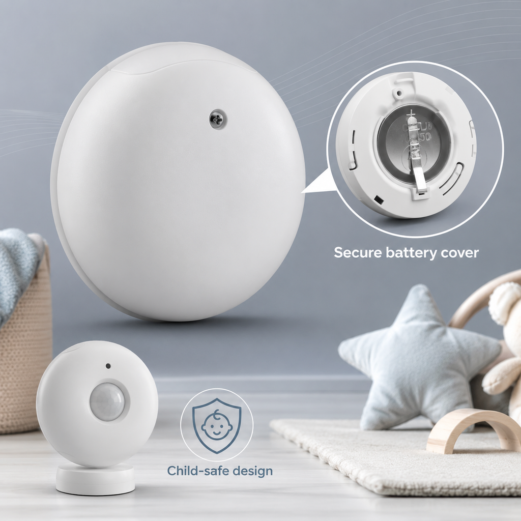 Secure battery compartment detail for child-safe PIR motion sensor