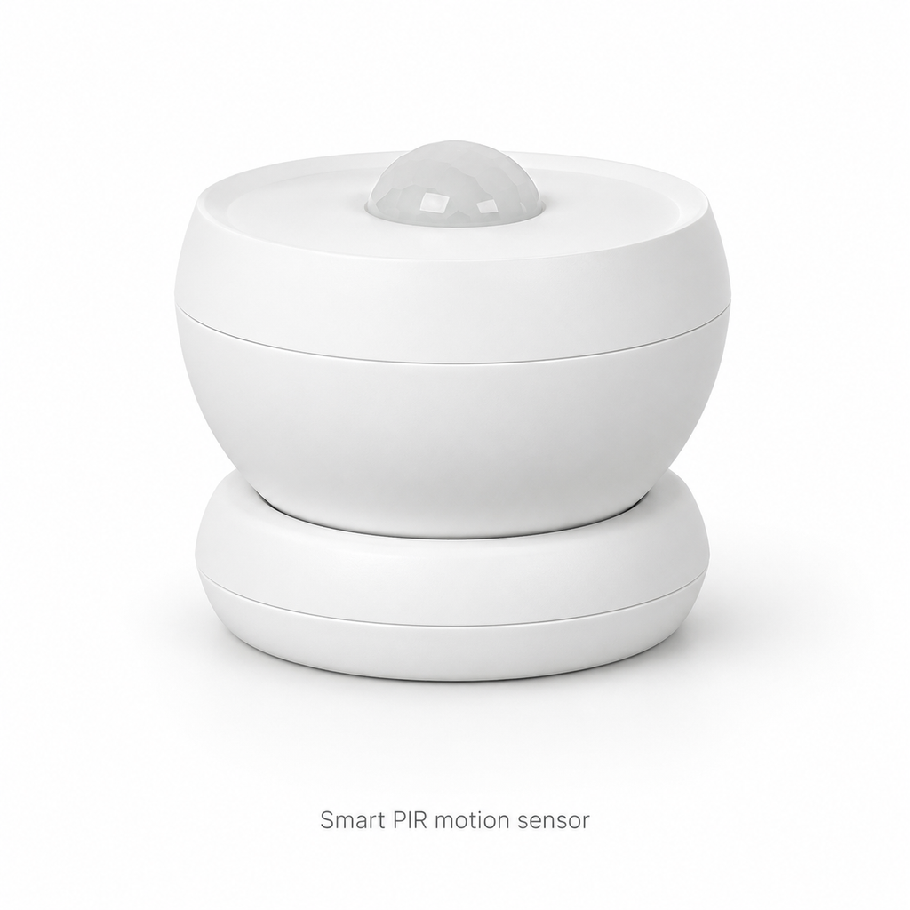 Front view of compact white smart PIR motion sensor