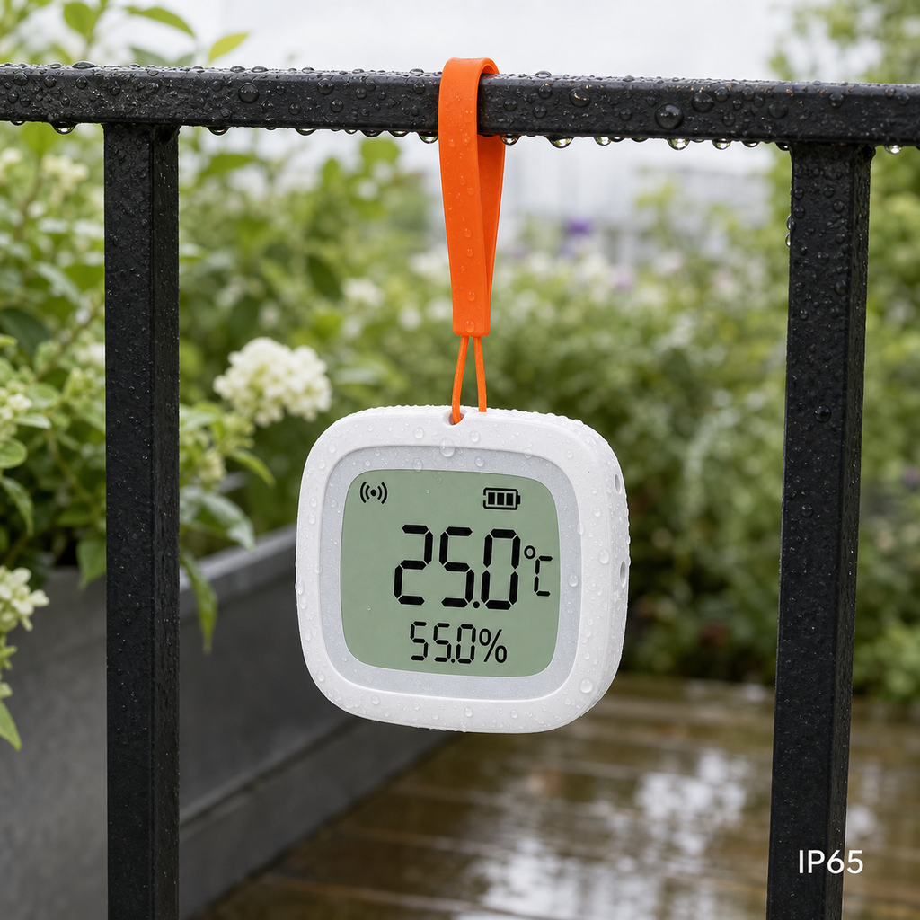 NéoSense Outdoor Pro IP65 temperature and humidity sensor hanging outdoors after rain