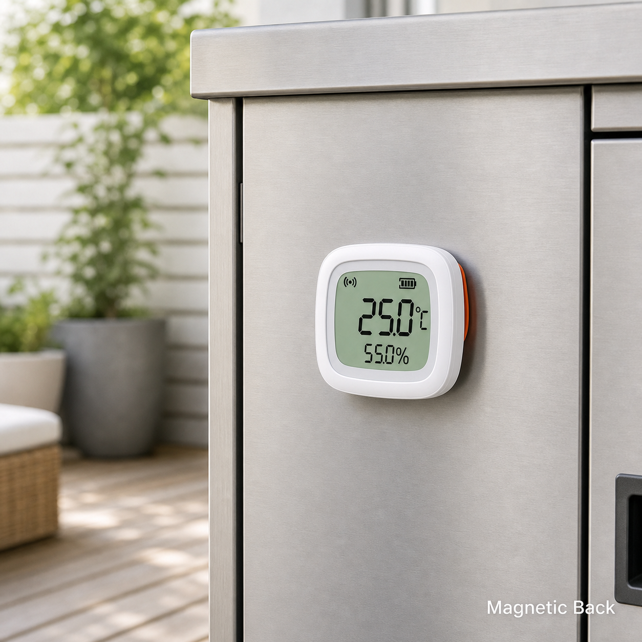 NéoSense Outdoor Pro temperature and humidity sensor mounted with its magnetic back