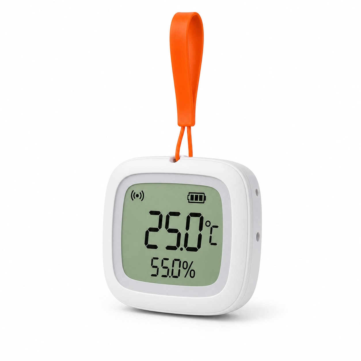 NéoSense Outdoor Pro white temperature and humidity sensor with orange hanging strap